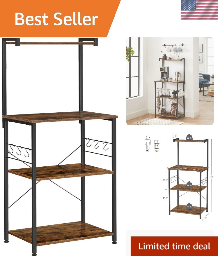 Rustic Brown & Black 3-Tier Bakers Rack with 6 S-Hooks - Stylish Kitchen Storage