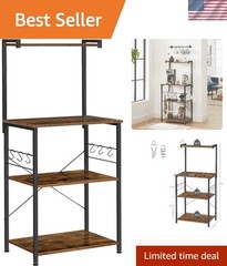Rustic Brown & Black 3-Tier Bakers Rack with 6 S-Hooks – Stylish Kitchen Storage