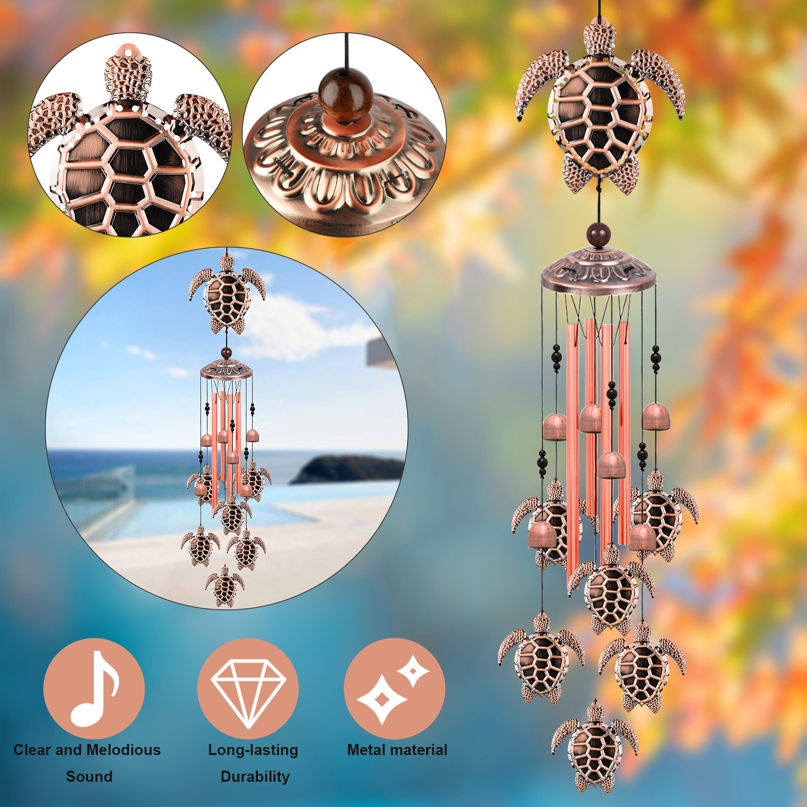 33'' Sea Turtle Wind Chimes Garden Outdoor 4 Tubes Bells Yard Home Hanging Decor gallery