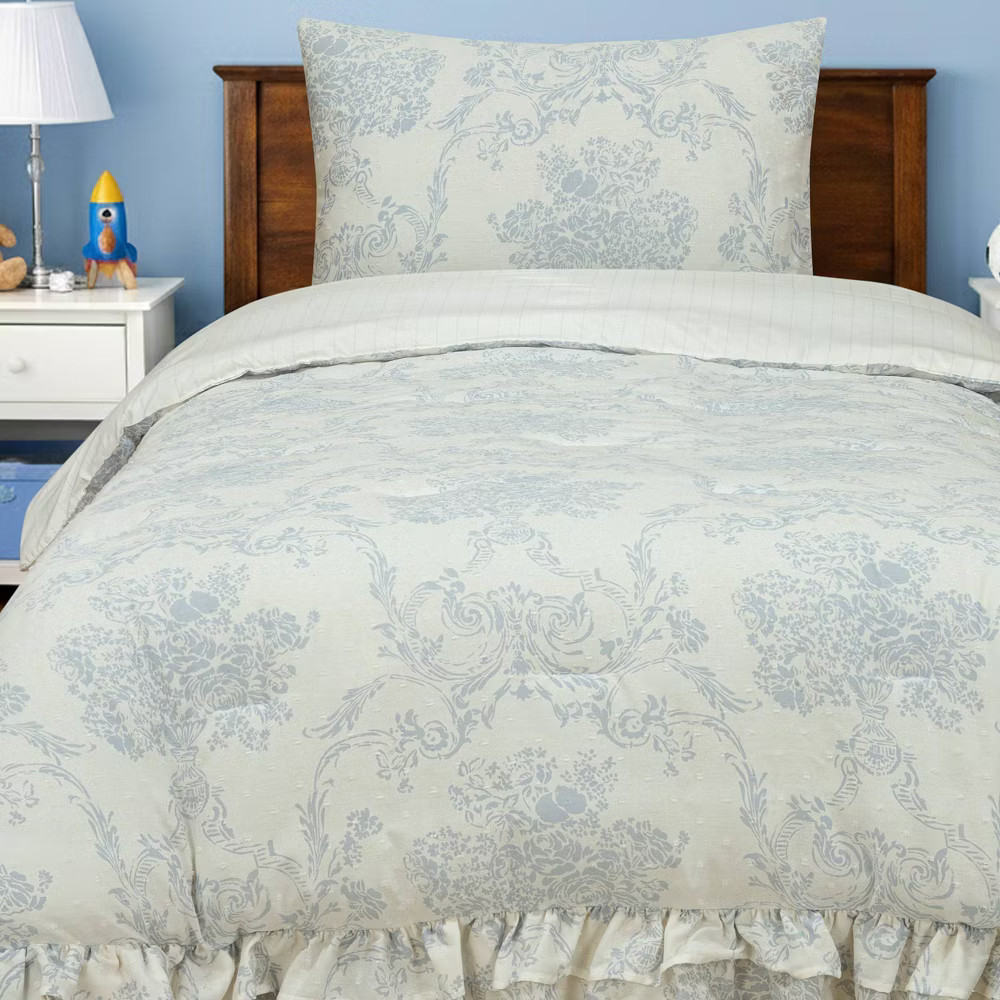 Twin Ruffle Comforter Set Blue Floral gallery