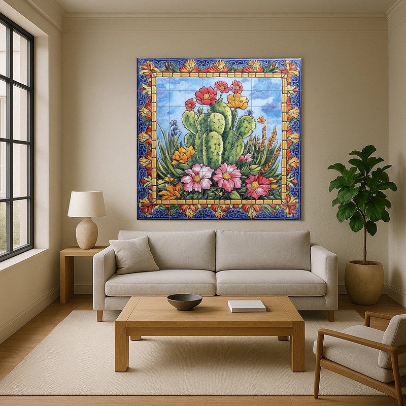Mexican Cactus Ceramic Tile Mural – Colorful Desert Wall Art, Floral Pattern gallery