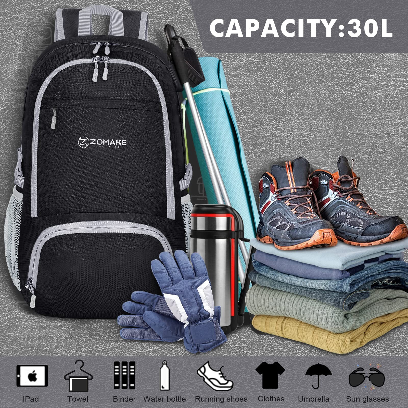 30L Black Lightweight Packable Backpack, Foldable, Water Resistant, Travel 2