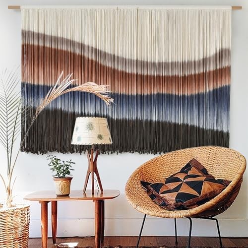 Large Macrame Wall Hanging Tie-Dye Boho Wall Art Fiber Art Decor Brown and Blue gallery