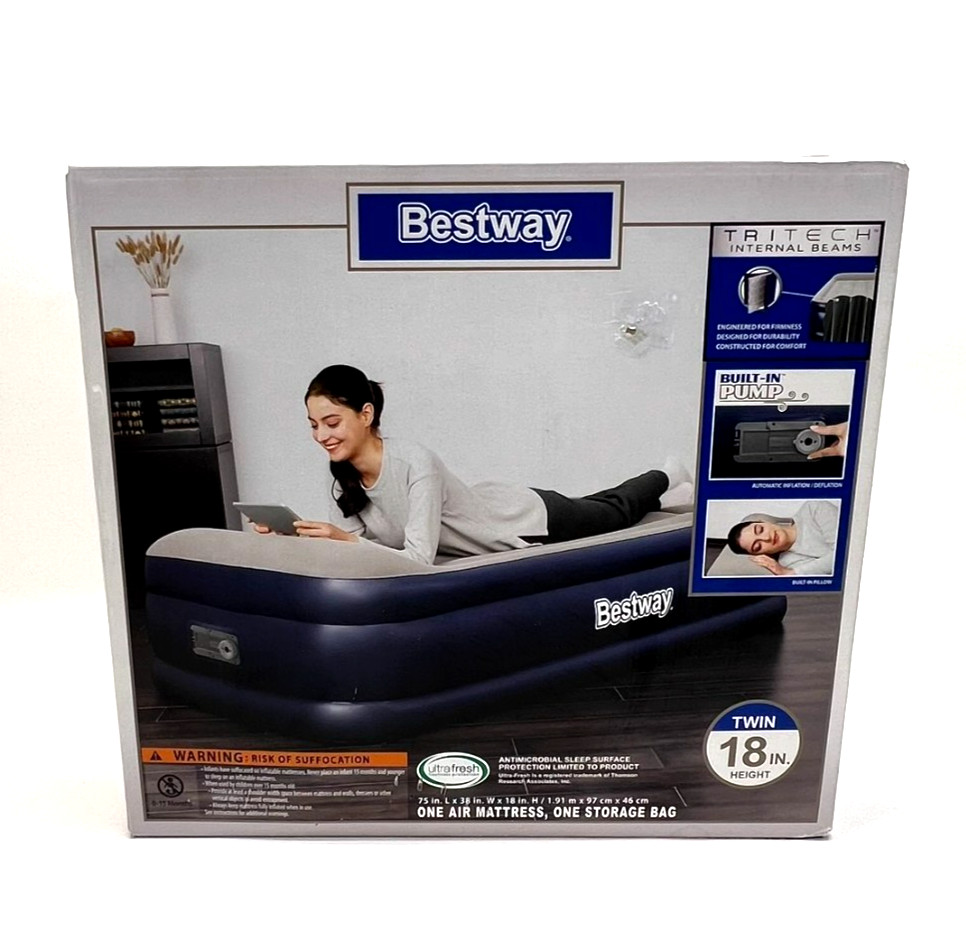 Bestway Tritech Twin Air Mattress Inflatable Bed Built-In AC Pump Guest Camping gallery