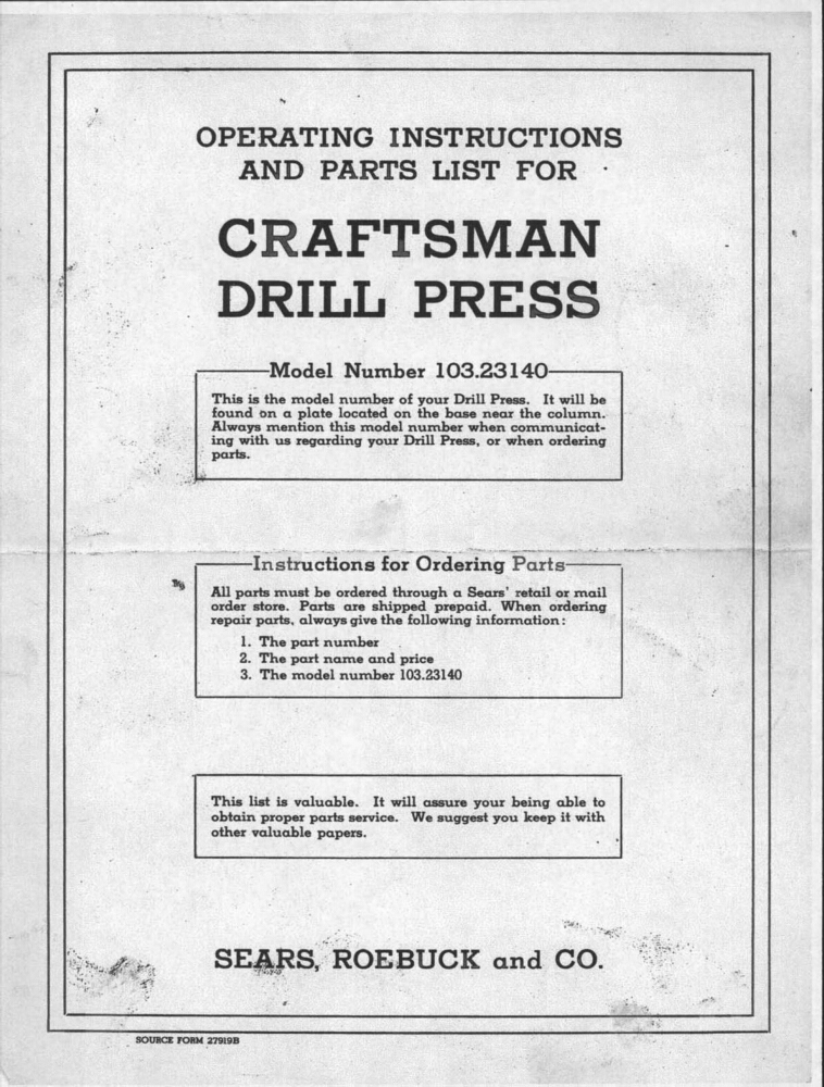 1947 Craftsman 103.23140 Drill Press Instructions gallery