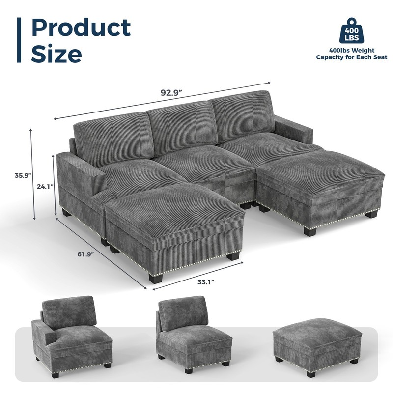 Canmov Cloud Modular Sectional Sofa with Movable Ottoman, Gray Convertible Couch gallery