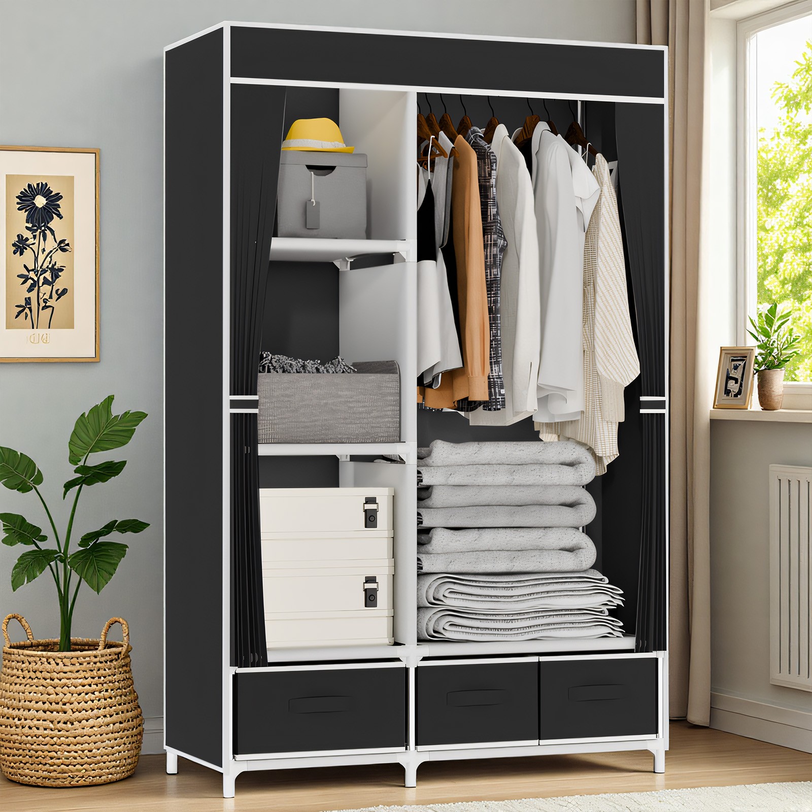 Portable Closet Organizer Bedroom Wardrobe w/ 3 Drawer 4 Shelves Clothes Storage gallery