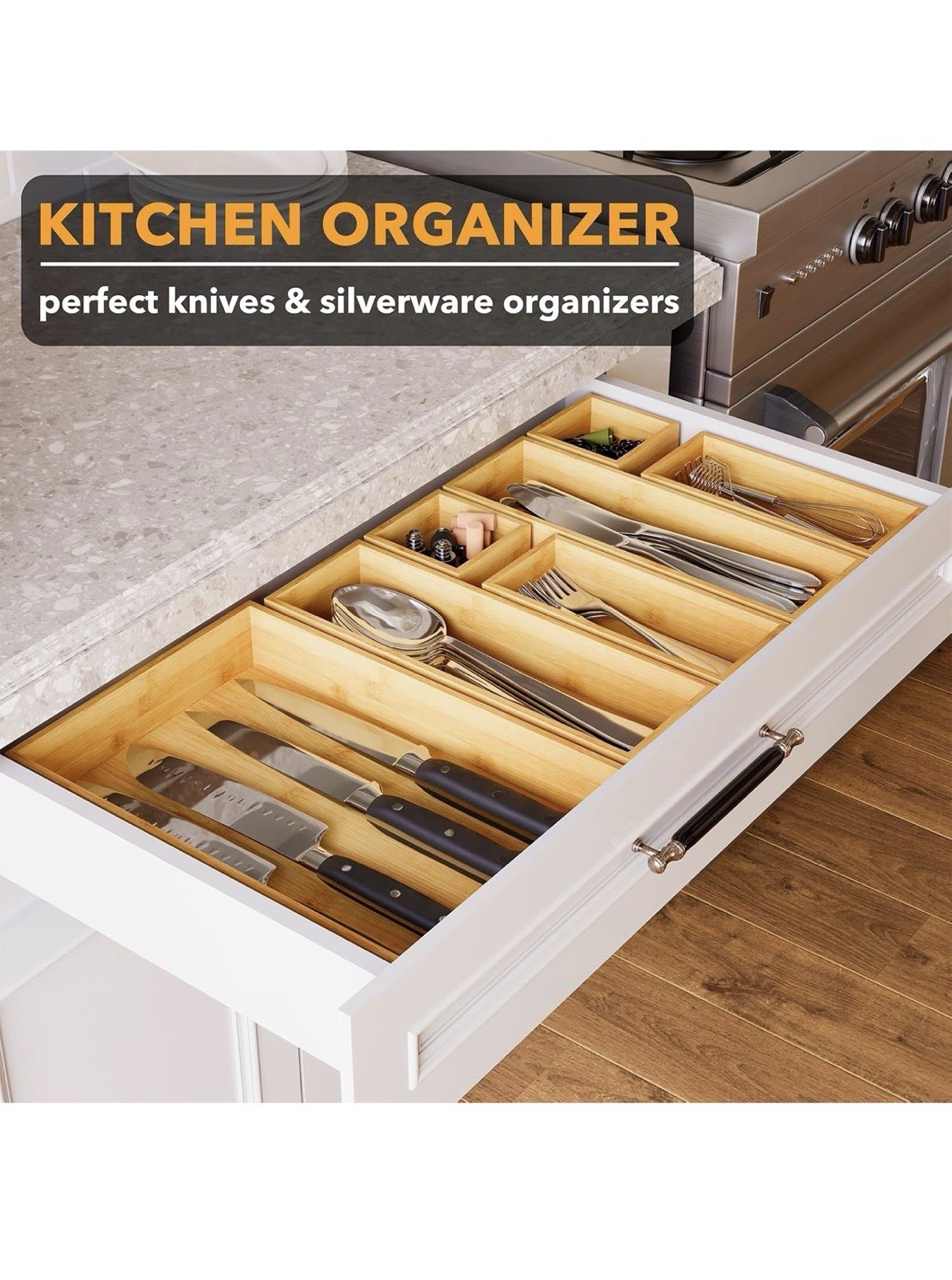 7-Piece Bamboo Drawer Organizer Set – Multi-Use Divider Bins Wood Tray Drawer gallery
