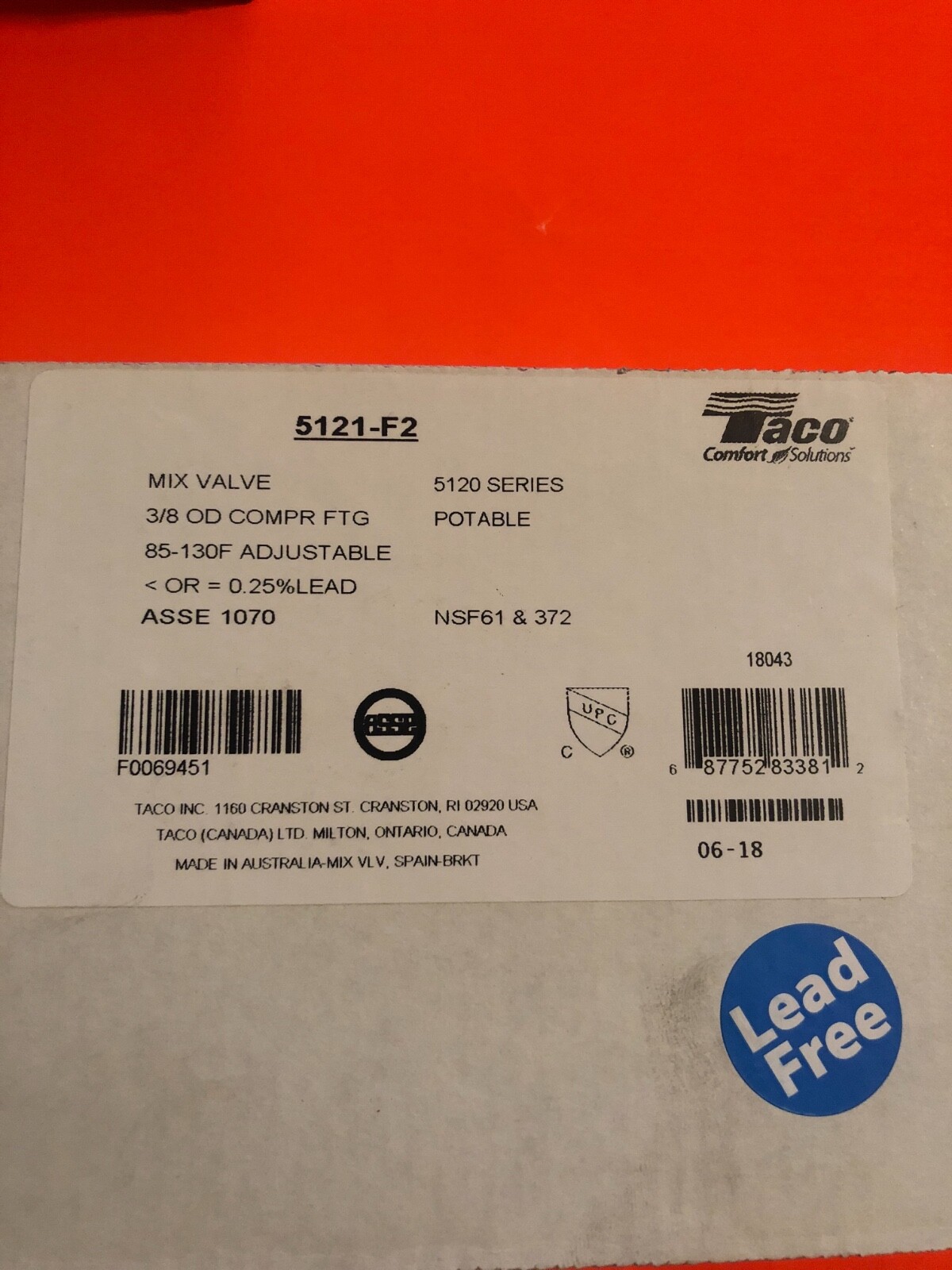 Taco 5121-F2 Thermostatic Mixing Valve , 3/8 in  LEAD-FREE 85-130F adjustable  gallery
