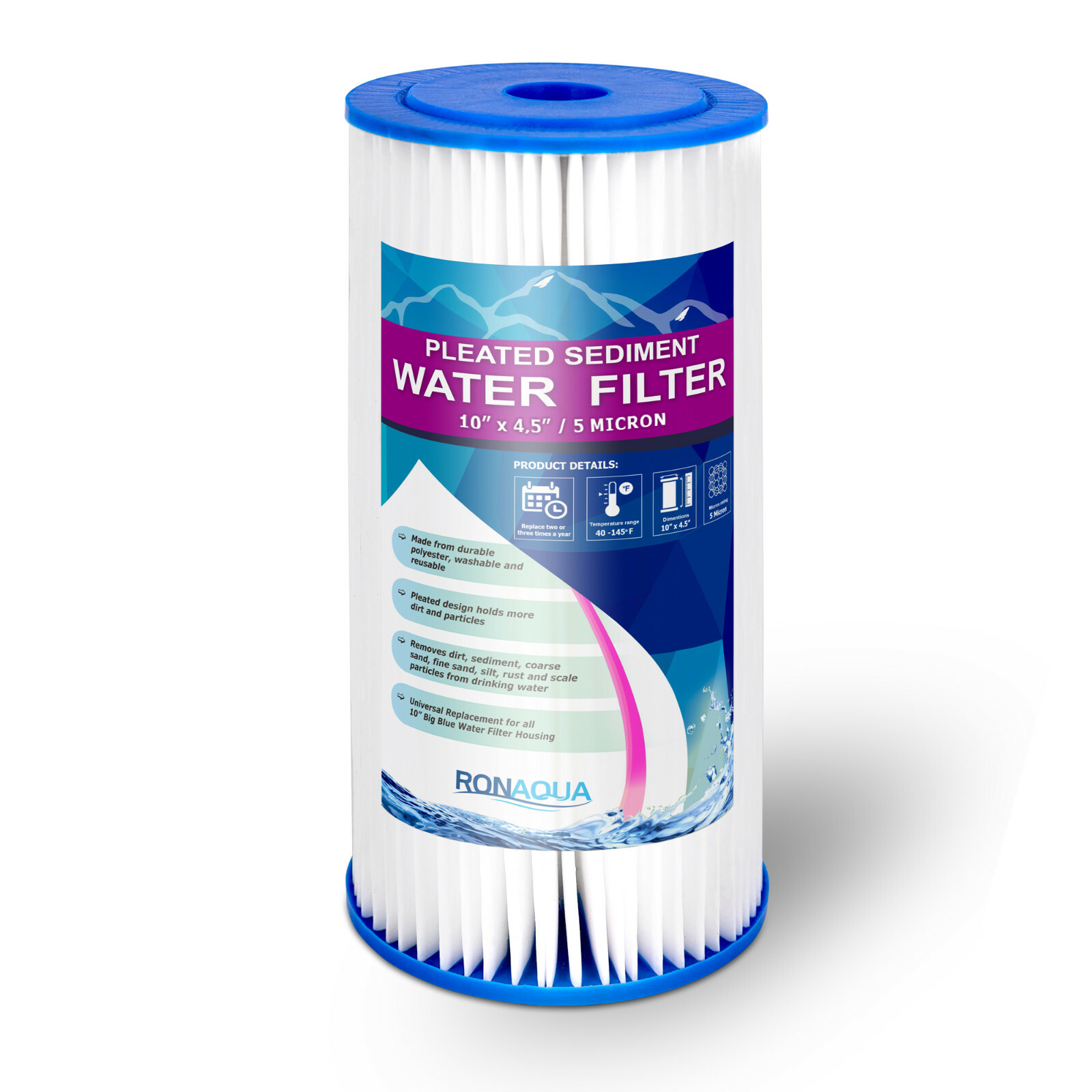 Big Blue Pleated Sediment Water Filters 2 Washable 5 Micron Cartridges 4.5 x 10 gallery