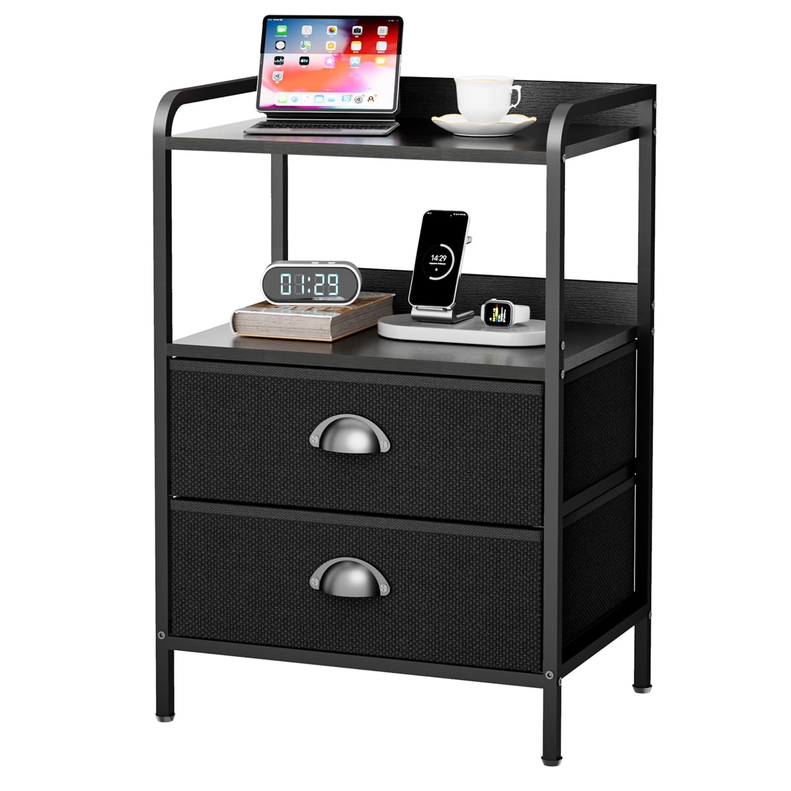 Rustic Black Modern Nightstand 2 Fabric Drawer Sturdy Metal Frame 55LB Table gallery