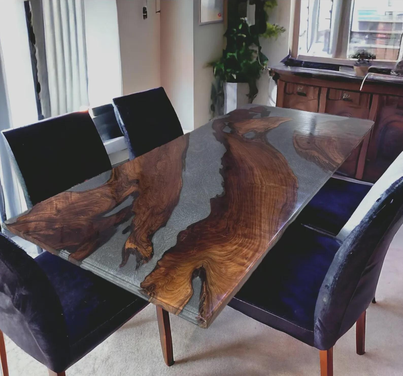 Dark Walnut Gray Epoxy River Table Top Live Edge Dining gallery