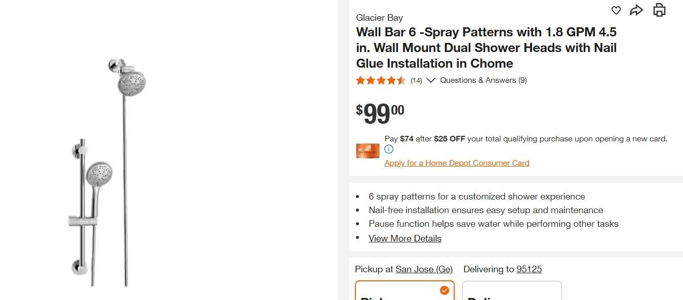 Glacier Bay Wall Bar 6 -Spray Patterns with 1.8 GPM 4.5 in. Wall Mount Dual Show gallery