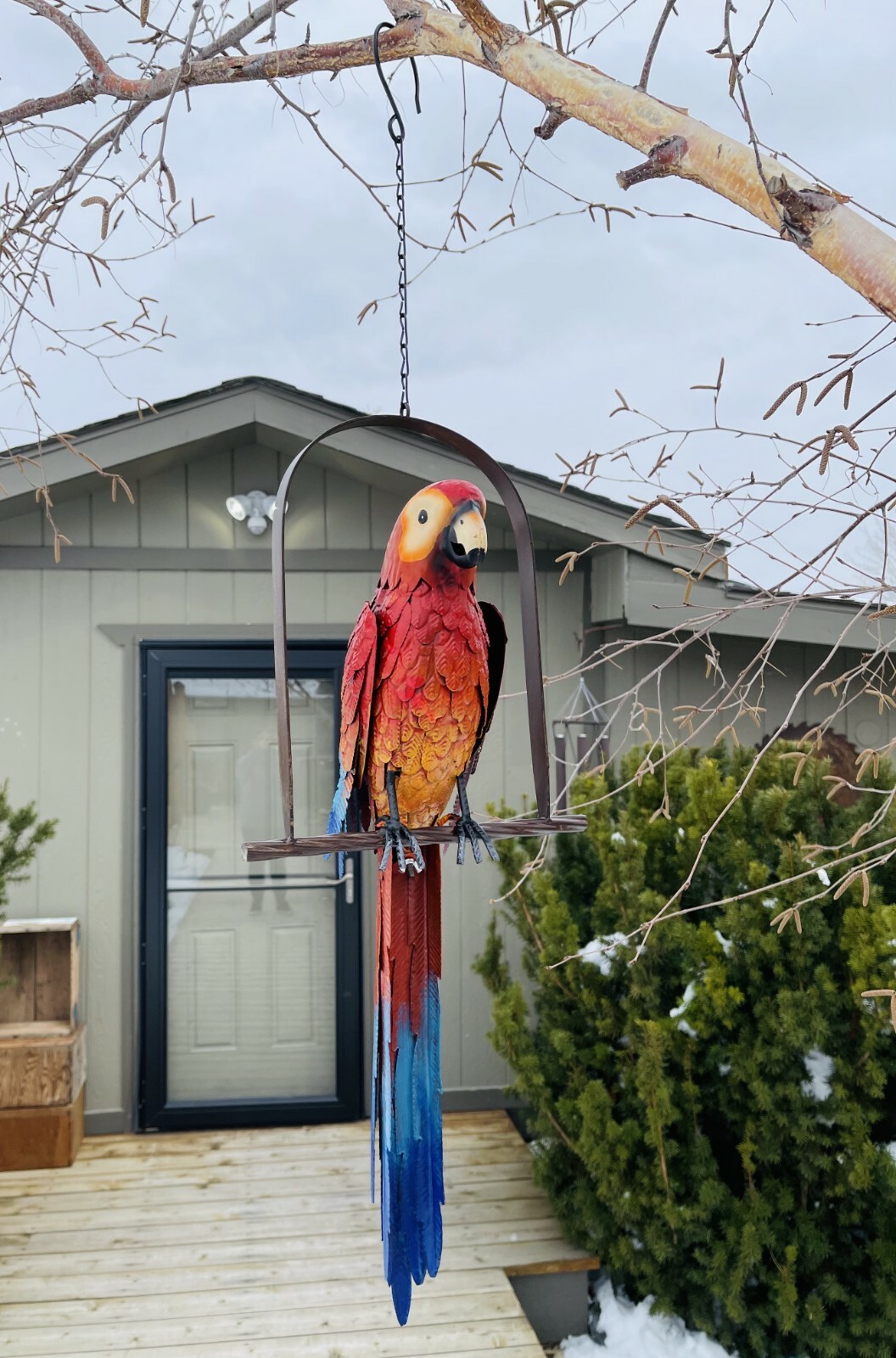 Hanging Whimsical Rustic Metal Swinging Macaw Parrot Tropical Bird On Chain Yard gallery