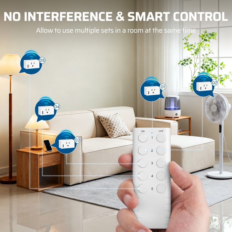 Wireless Remote Control Outlet 5 Outlets 2 Remotes 200FT Range for Lights Fan gallery