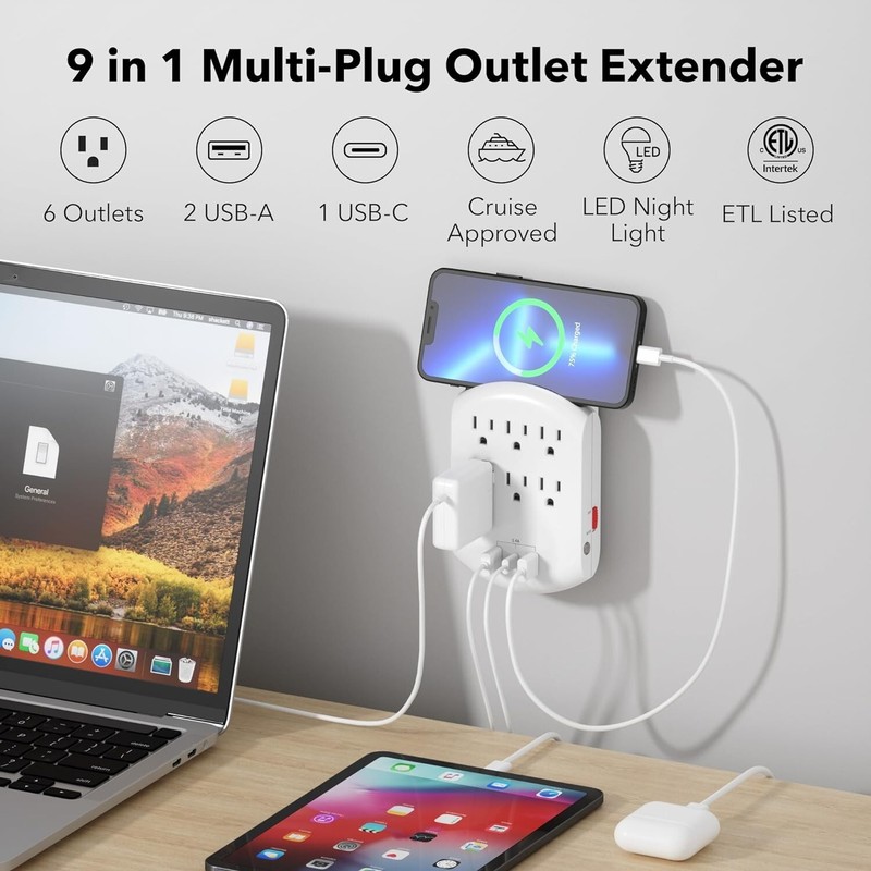 BN-LINK Multi Plug Outlet, USB Wall Charger with 6 Outlets, 3 USB Charging Ports gallery