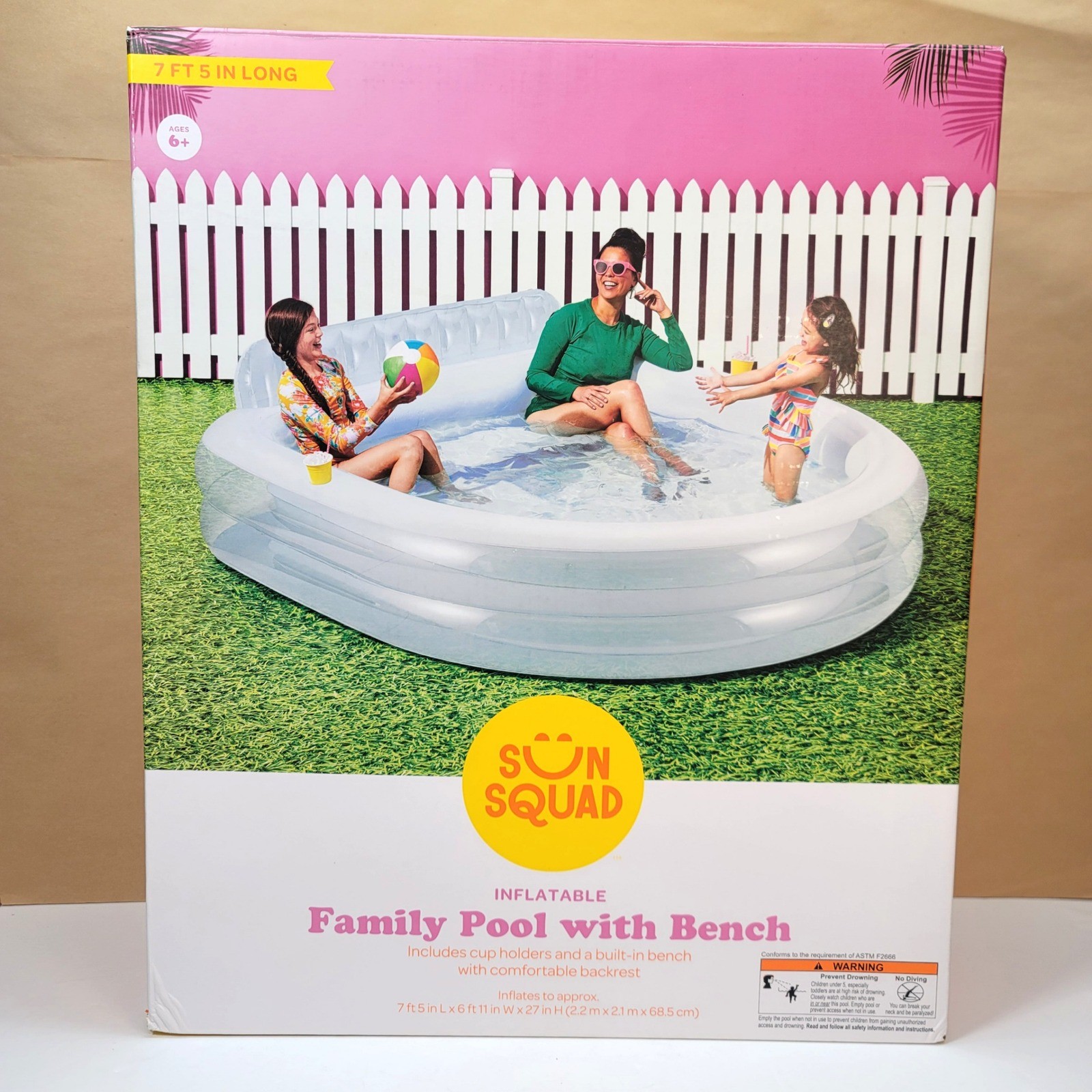 Sun Squad Inflatable Family Pool with Bench Cup Holders 7.5ft White 091117518 gallery