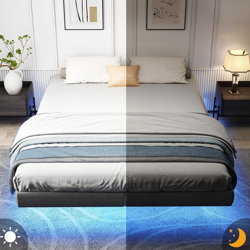 Floating Metal Bed Frame King with LED Lights, King Bed Frame Grey gallery