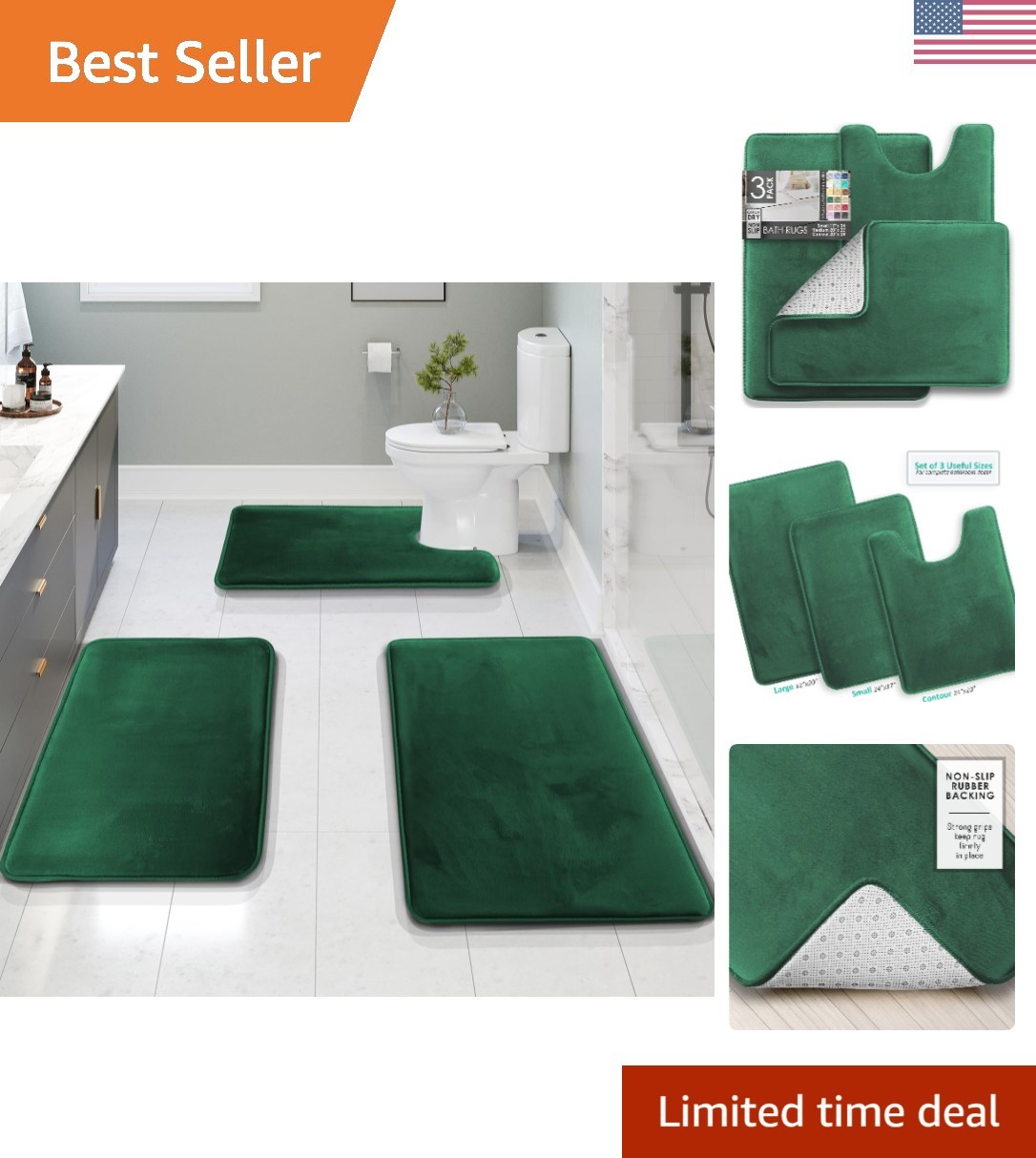 3 Piece Bathroom Rugs Bath Mat Set, Velvet Memory Foam Bath Mats for Bathroom... gallery