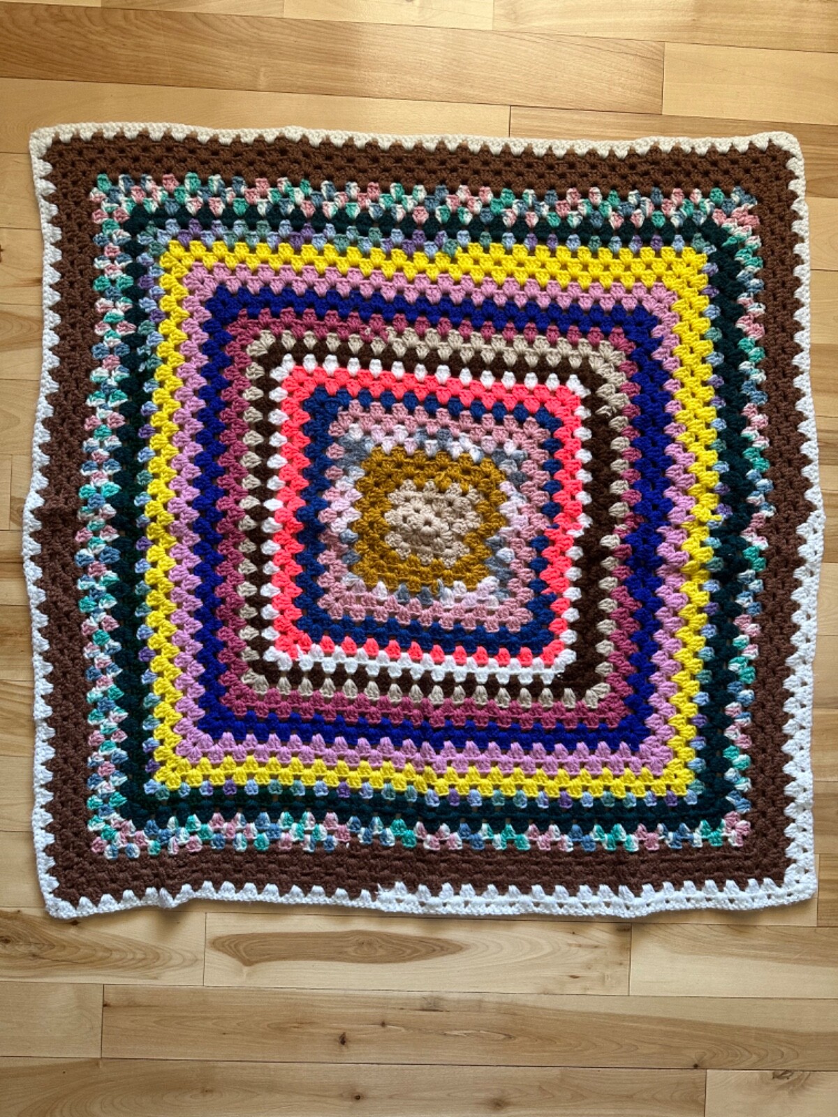 Crochet Afghan Blanket Throw Multicolor 70s Granny Square 34 in X 34 in Vintage gallery