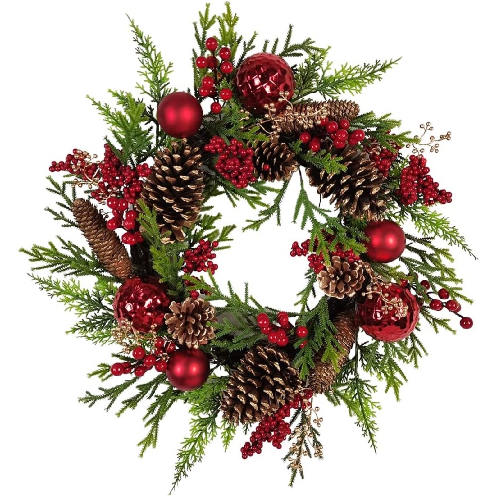 Kurt Adler Unlit Rattan Artificial Christmas Decorated Wreath, Red and Green,24" gallery