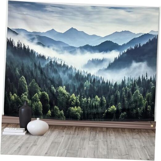 TUGCAY Misty Mountain Forest Tapestry Foggy Tree Tapestry Nature 60"L x 40"W gallery