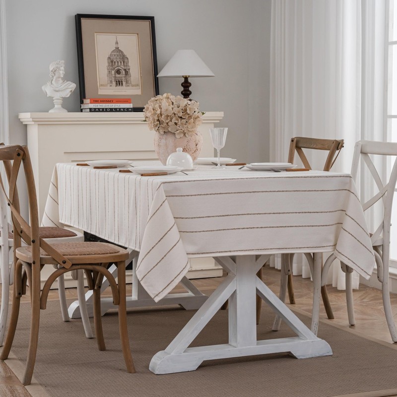 White Rectangle Tablecloth 55x86 Inch, Cotton Linen Polyester Blend Stripes T... gallery