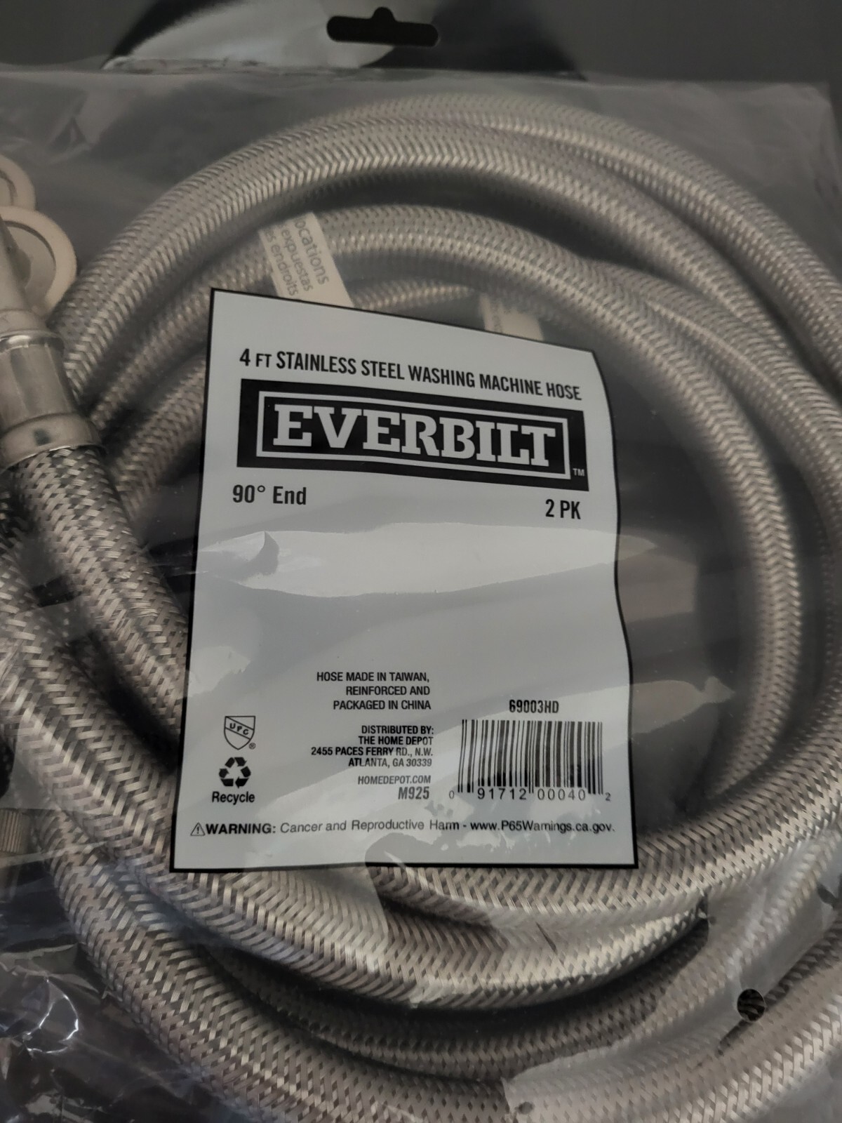 Everbilt 69003HD 4ft Stainless Steel Washing Machine Hose 2-Pack NEW SEALED gallery