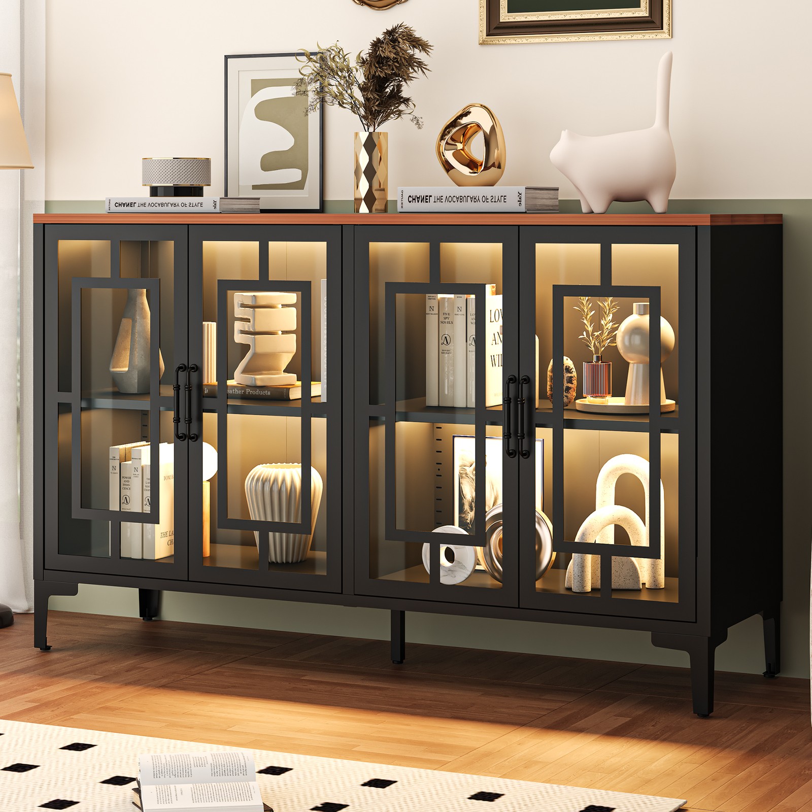 53" Glass Buffet Cabinet LED Lighted Sideboard Display Cabinet Shelf Adjustable gallery