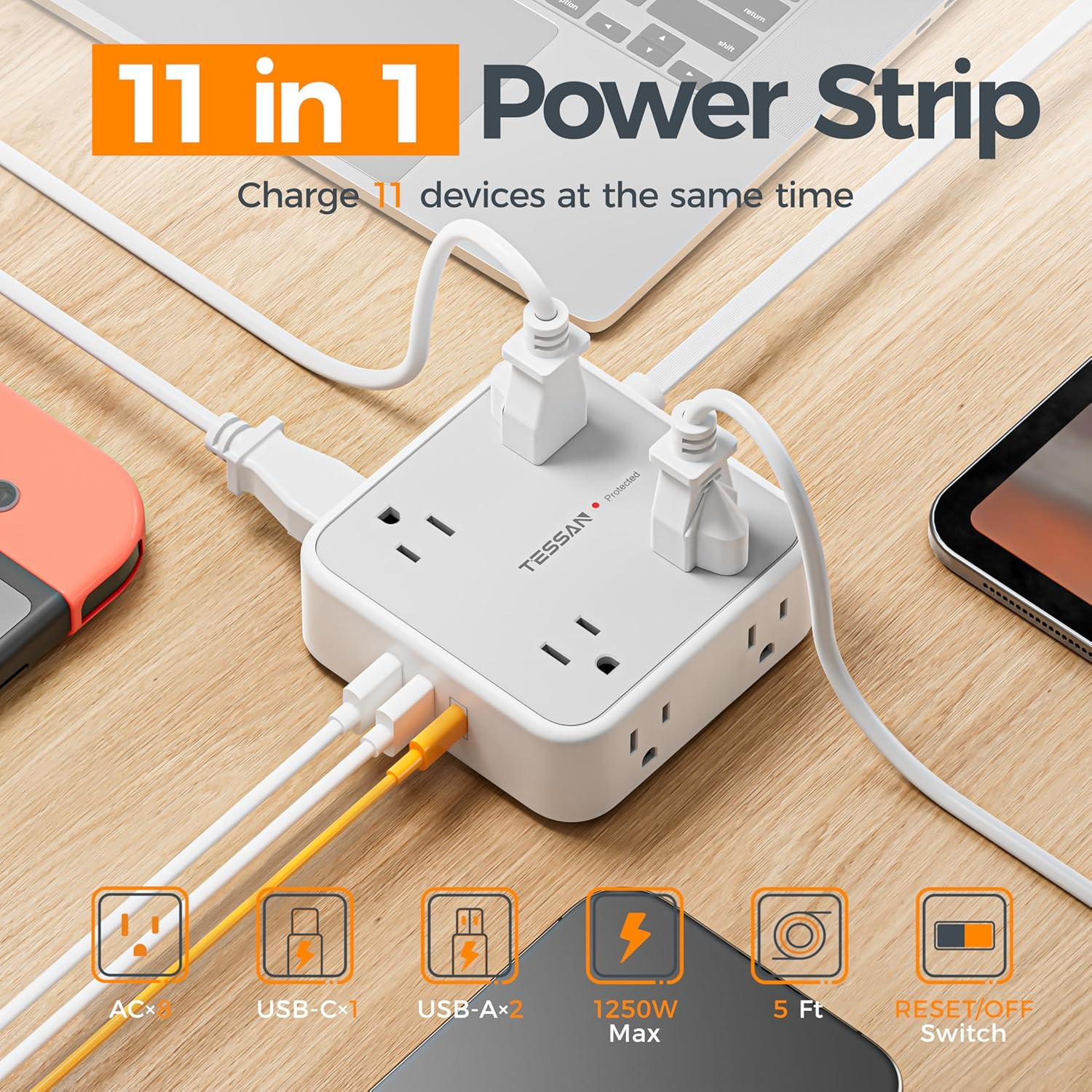 TESSAN Surge Protector Power Strip, 5 Ft Flat Plug Extension Cord with 3 USB (1 gallery
