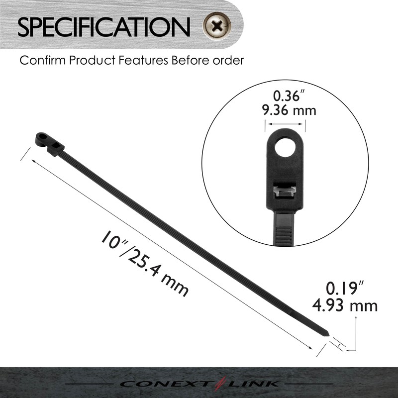 100 Nylon Cable Wire Zip Ties Mounting Hole Nail Screw 50 LBS 10" Inch Black gallery