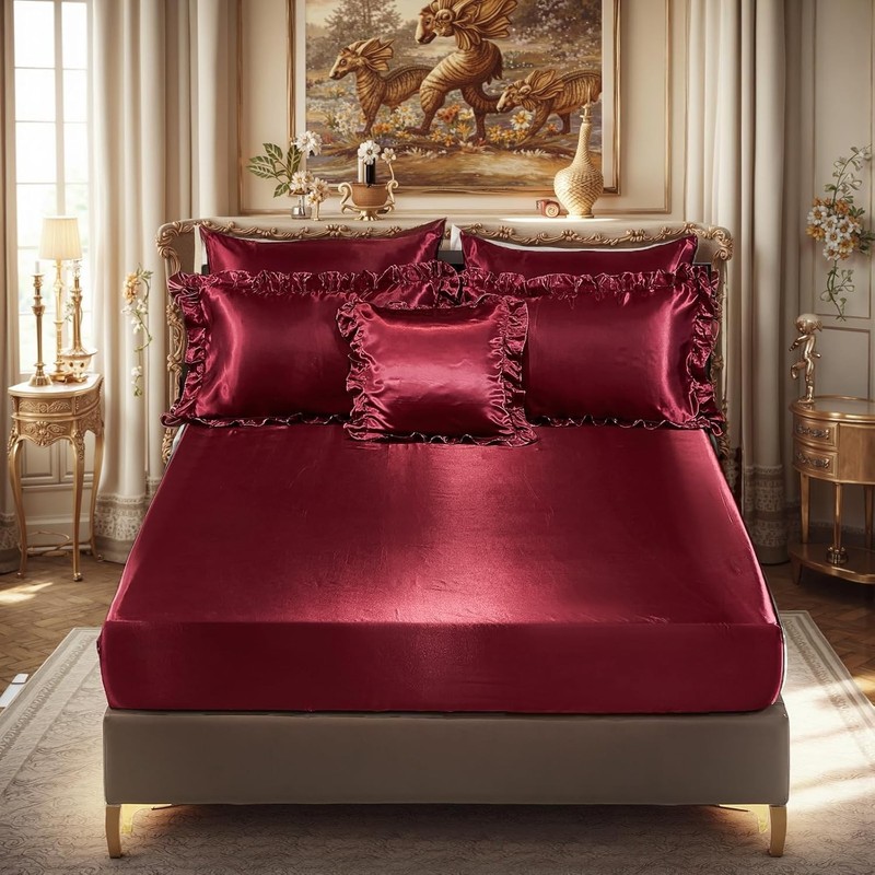 Silk Like Satin Comforter Set with Sheet Set King 8 Pcs Burgundy Satin Bedding S gallery
