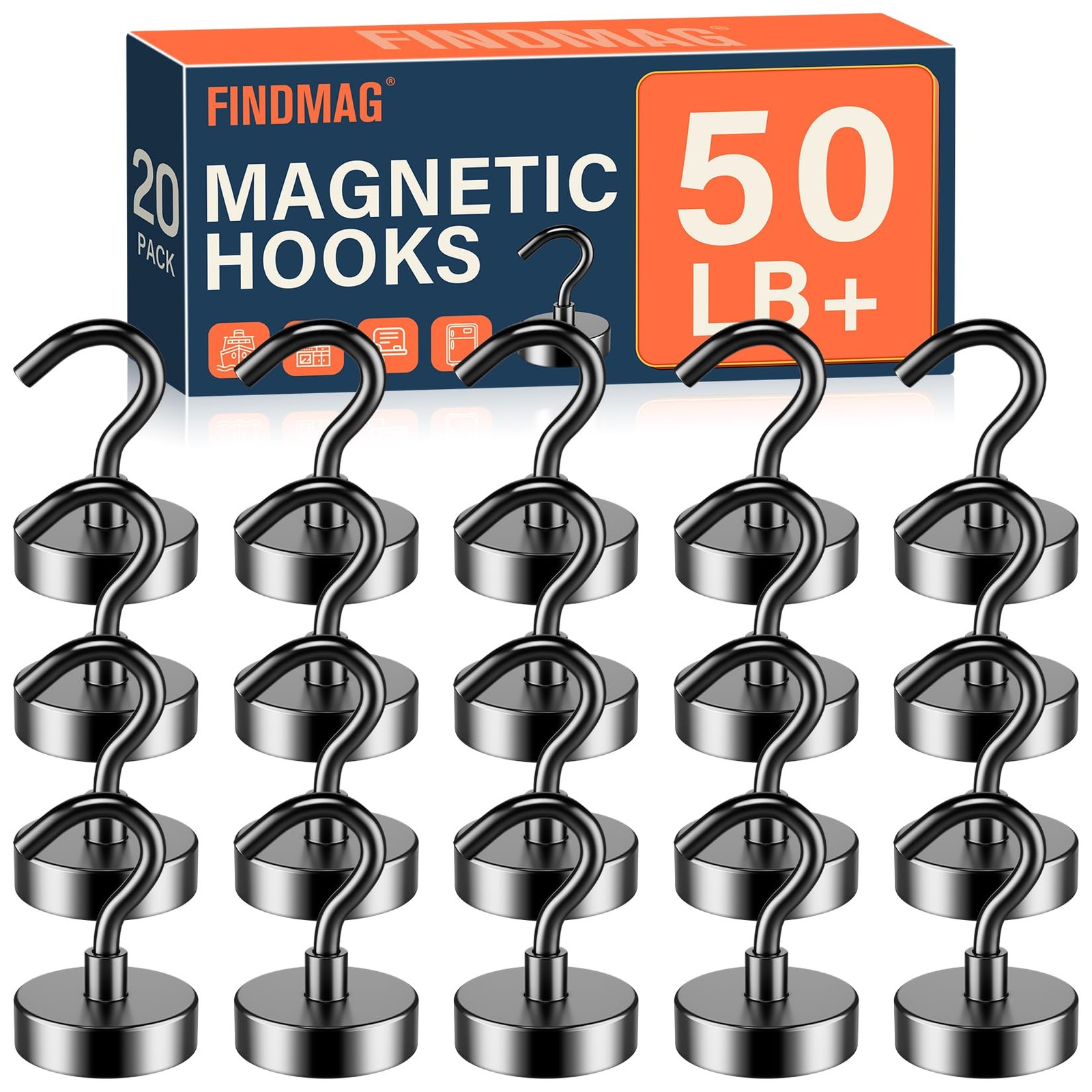 FINDMAG 20 Pack Magnetic Hooks, 50lbs Strong 0.79 inches, Black gallery