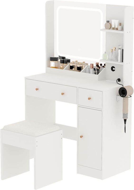 GARVEE LED Dressing Table with 2 Drawers, Hair Dryer Rack & Adjustable Lights gallery