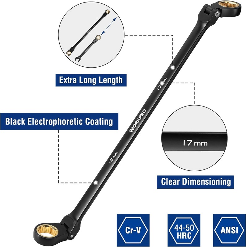 WORKPRO 5-piece Extra Long Flex-Head Ratcheting Wrench Set Anti-Slip w/Pouch NEW gallery