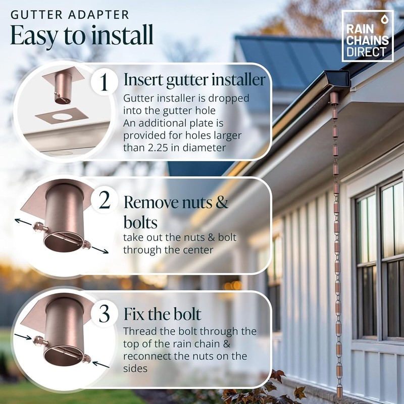 Elegant Copper Rain Chain Gutter Adapter - No-Tool Installation, 5.5" x 2.5" gallery