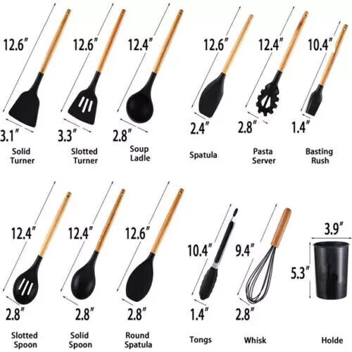 12-Pcs Kitchen Silicone Utensils Set with Heat Resist Wooden Handle Black gallery