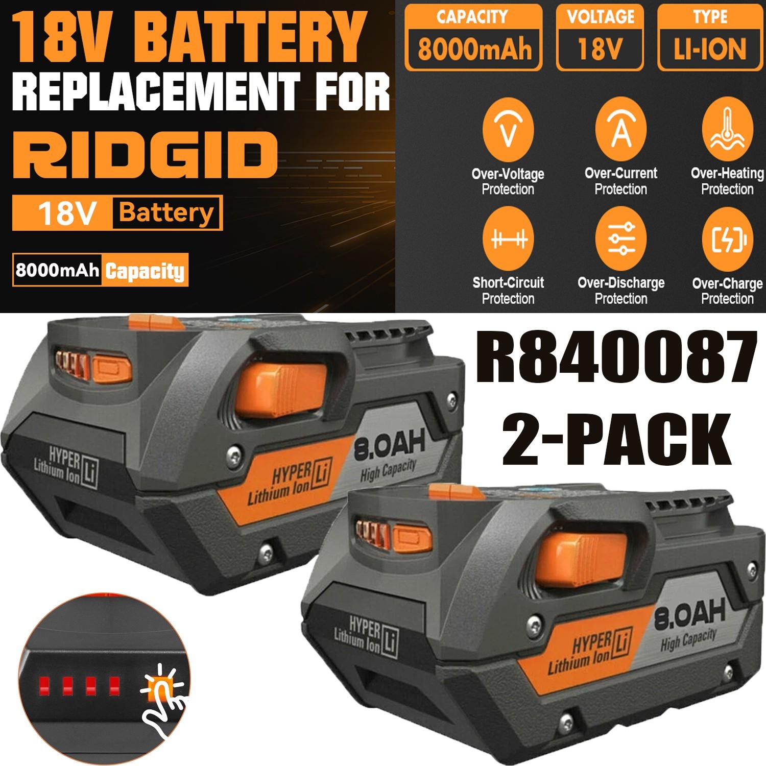 2 PACK For Ridgid 18V R840085 8.0Ah Lithium-ion Battery Rigid 18Volt R840087 gallery