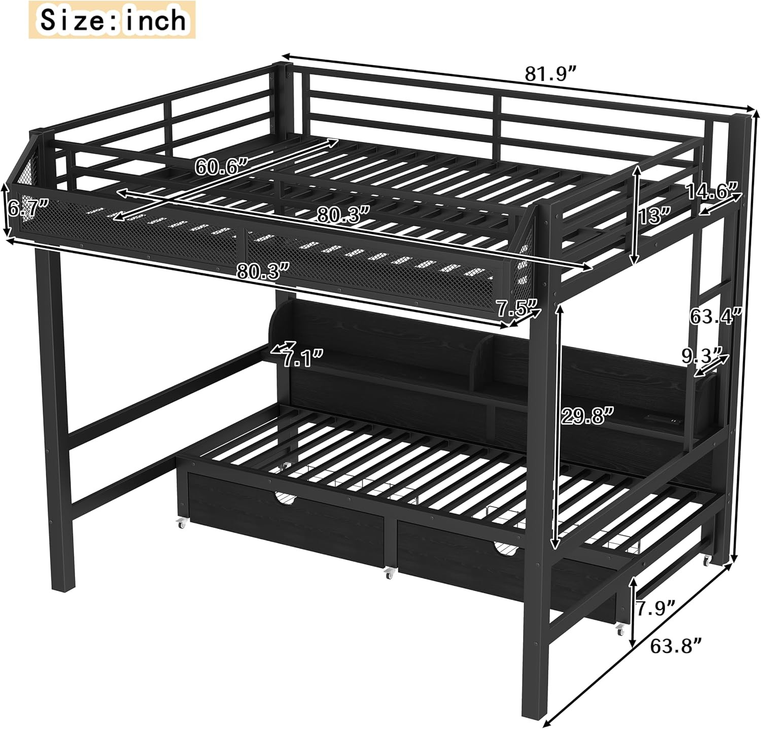 Queen Metal Bunk Bed with Storage, USB Ports, LED & Convertible Sofa gallery