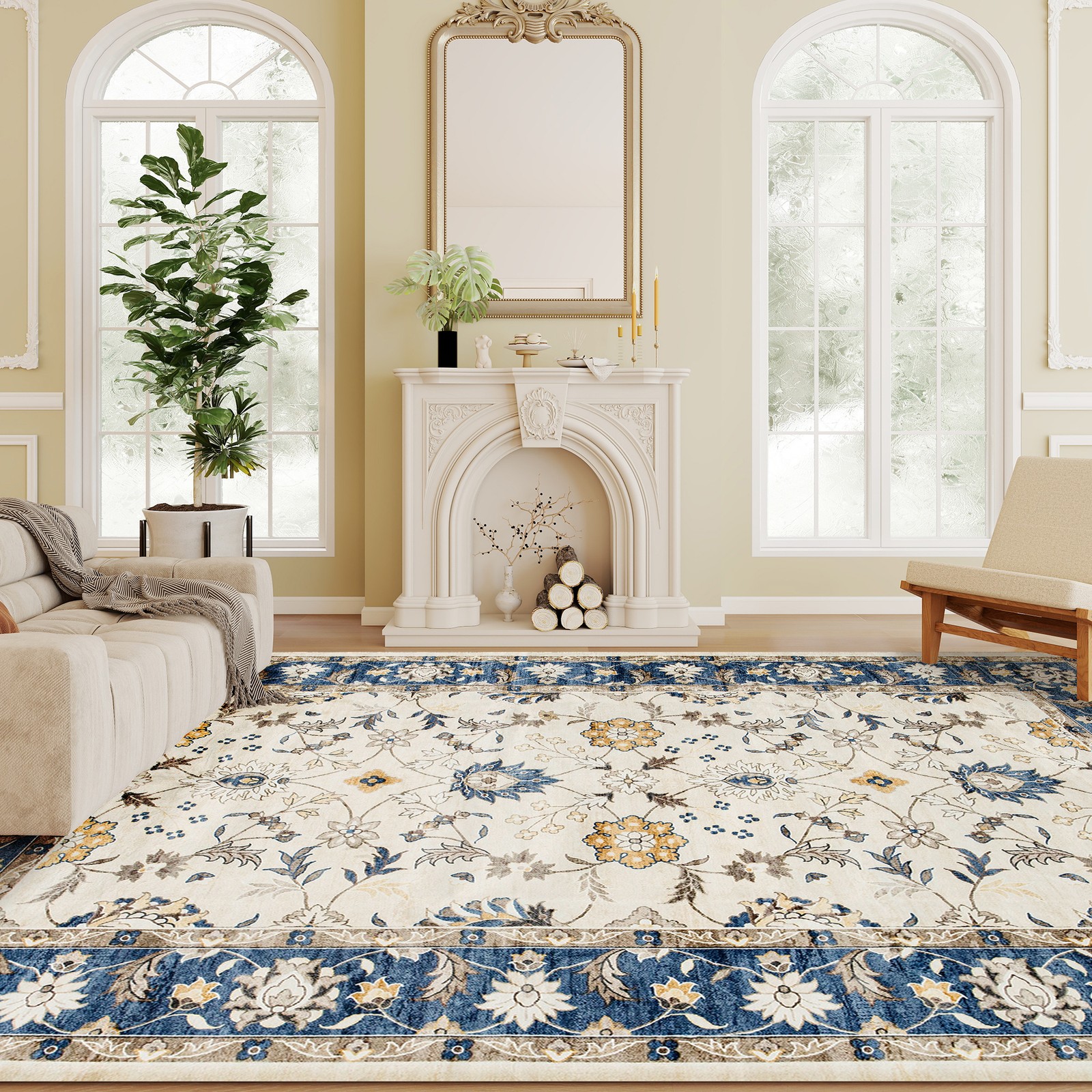 HOMCOM Machine Washable Area Rug 5x7, Boho Floral Print Carpet, Blue gallery