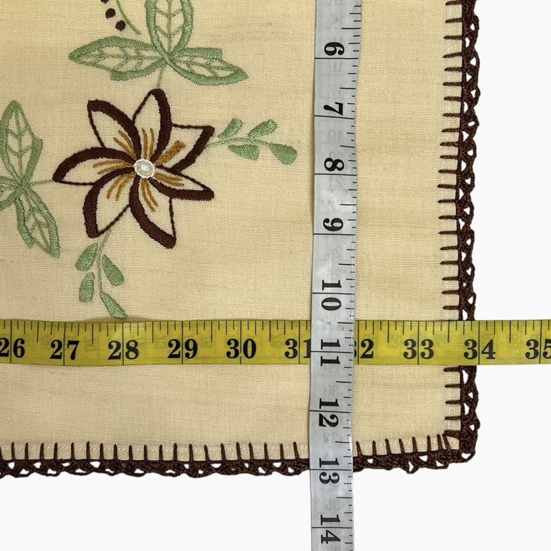 Table Runner Beige Brown Crocheted Edge Green Floral Embroidery Farmhouse 34x13 gallery