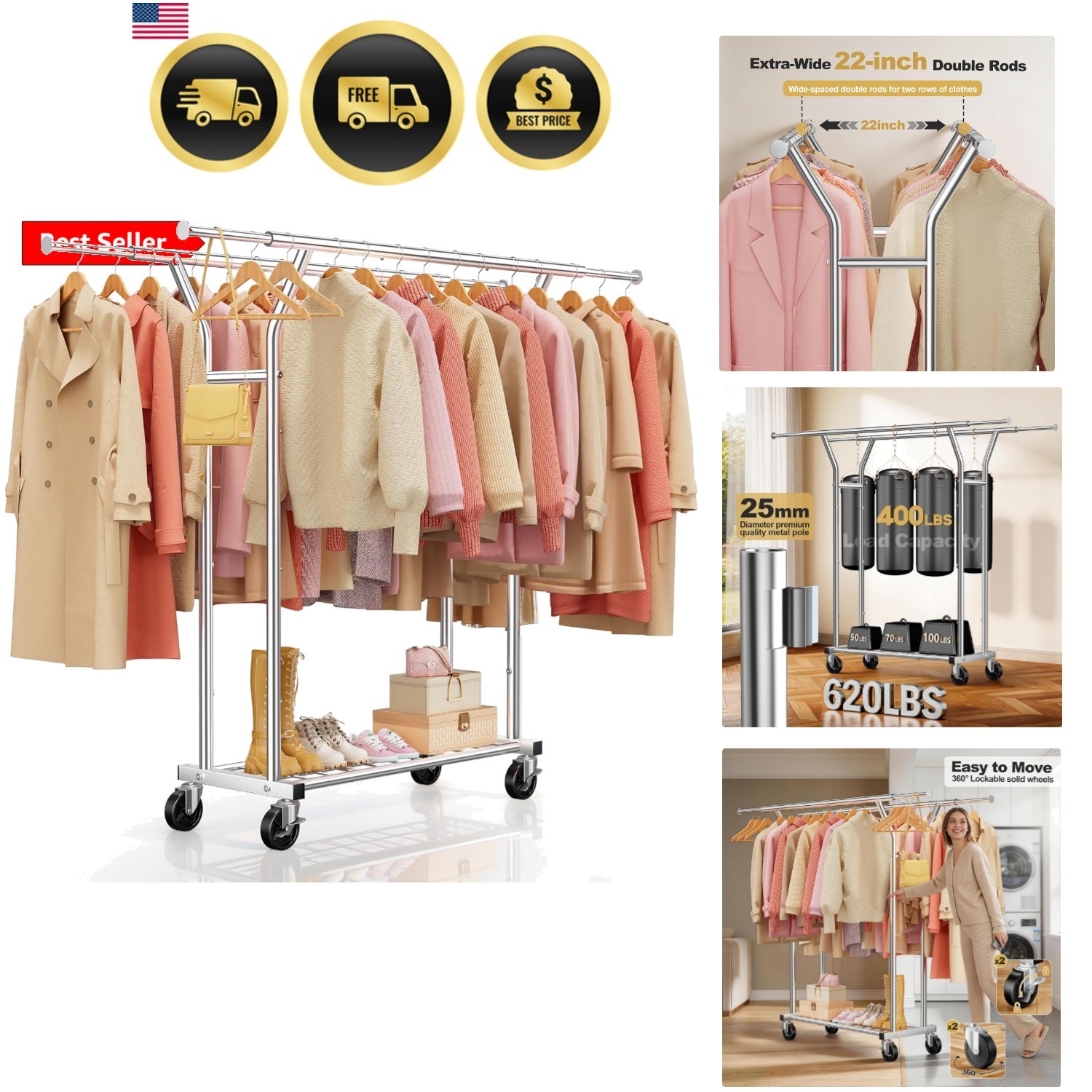 Heavy Duty Clothes Rack - Load 620 LBS, Rolling Clothing Rack for Hanging Clo... gallery