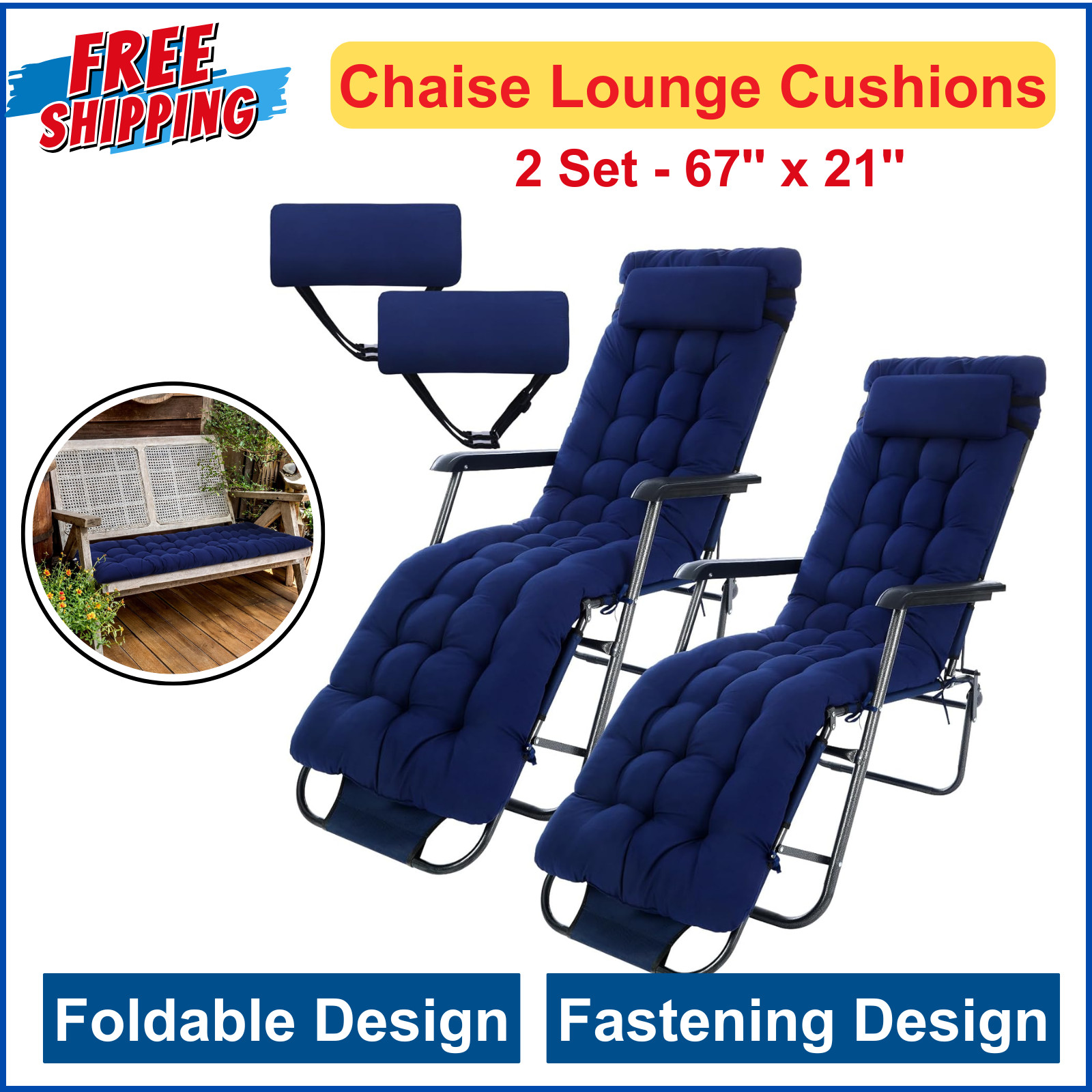 2 Set 67'' x 21'' Chaise Lounge Cushions For Outside Bench Cushions, Navy Blue gallery