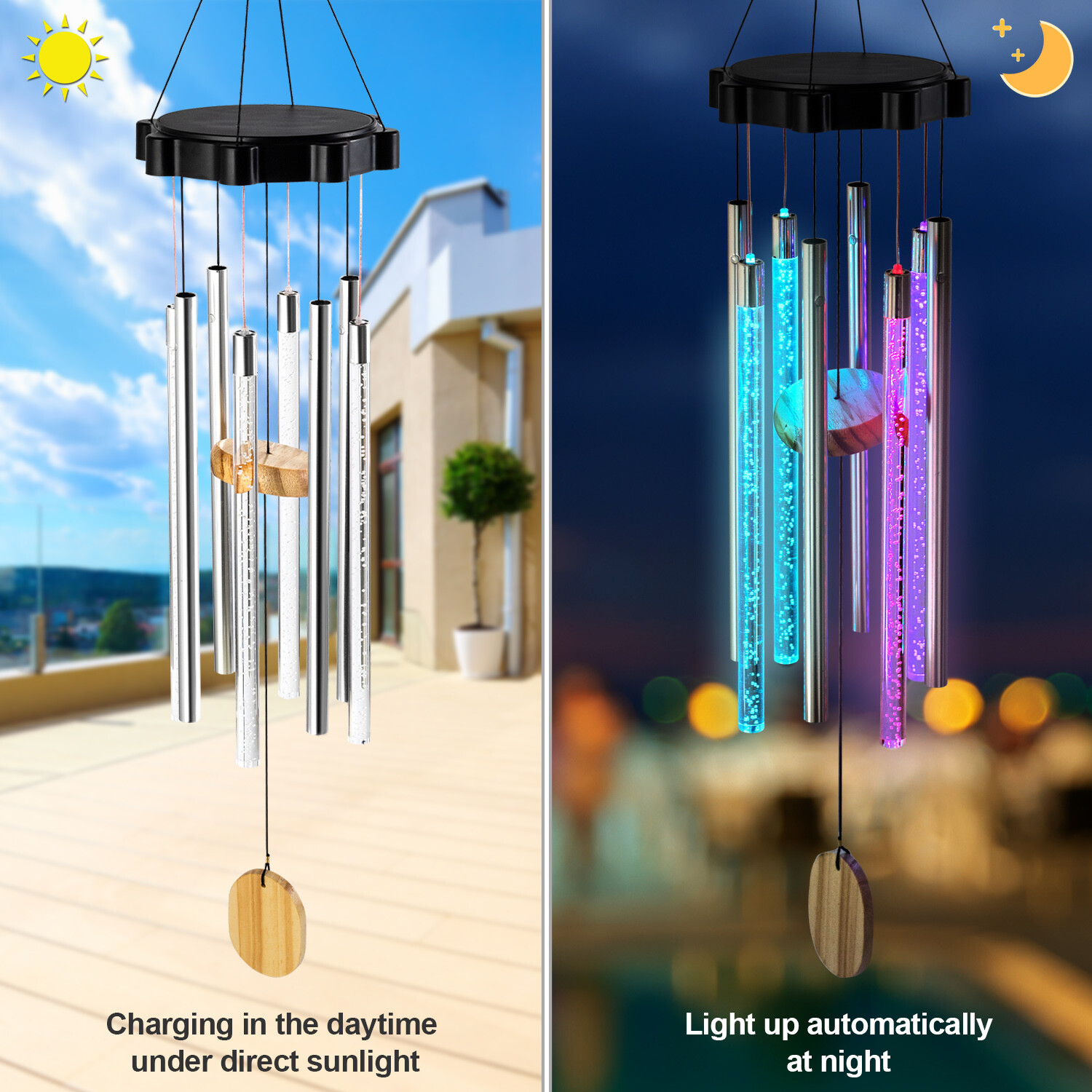 Color Changing Solar Wind Chimes LED Lights Large Deep Tone Resonant Bell Tubes gallery