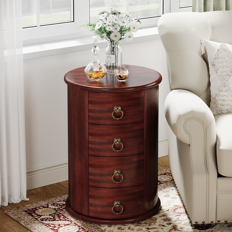 Solid Wood End Table, Round Side Table with 4 Drawers, No Assembly Required gallery