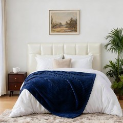 Navy King Size Blanket for Bed Soft Plush Ribbed Striped Fleece 108×90 Inch