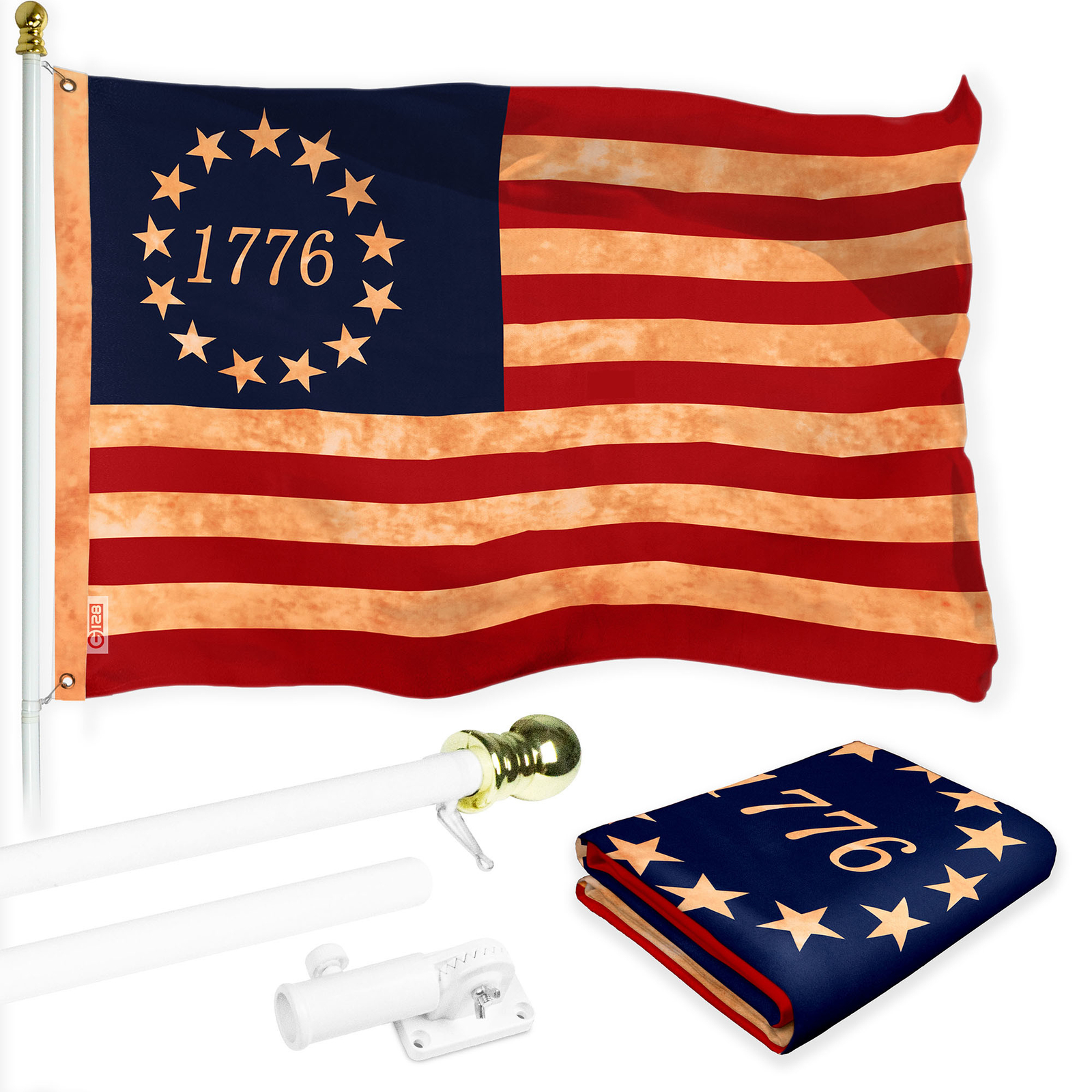 Combo: 6 Ft Flagpole White & Betsy Ross 1776 Tea-Stained Flag 3x5Ft Printed Poly gallery