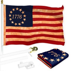 Combo: 6 Ft Flagpole White & Betsy Ross 1776 Tea-Stained Flag 3x5Ft Printed Poly