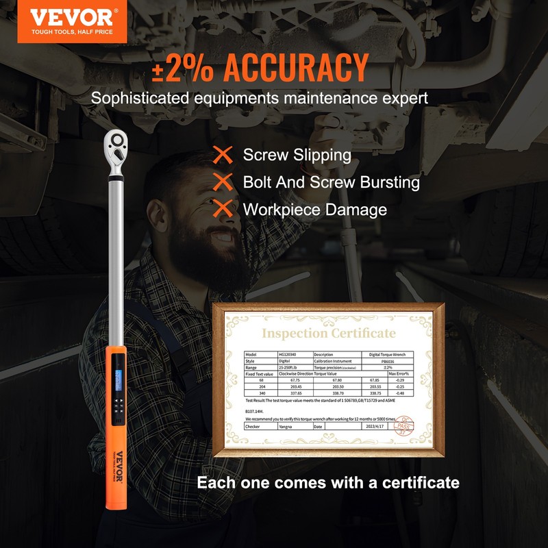 VEVOR Digital Torque Wrench Adjustable Torque Wrench 1/2" Drive 25-250 ft.lb gallery