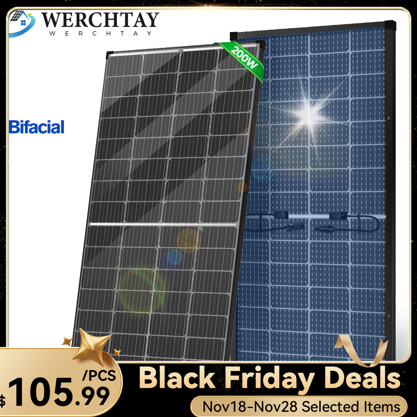 Bifacial 200W Solar Panel Home RV PV Power Off-Grid Boat Power Camping Battery gallery